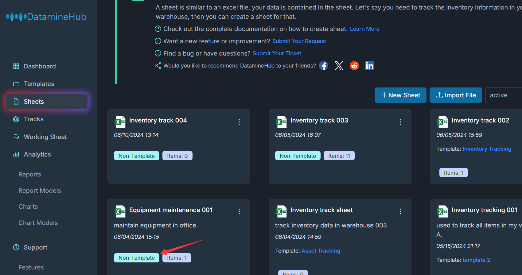 sheets page with the new created non template based sheet, equipment maintenance.